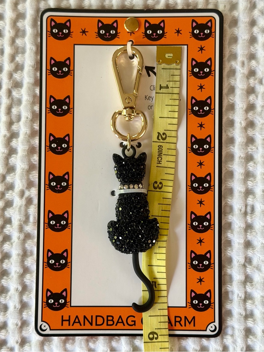 Halloween Black Cat Glass Crystal Bag Charm Purse Backpack Key Ring Moving Tail - Picture 7 of 7